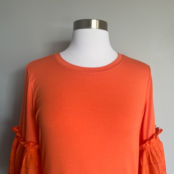 KOBI HALPERIN Embroidered Ruffle Flutter Bell Sleeve Jersey Top Blouse Tangerine - Picture 12 of 16